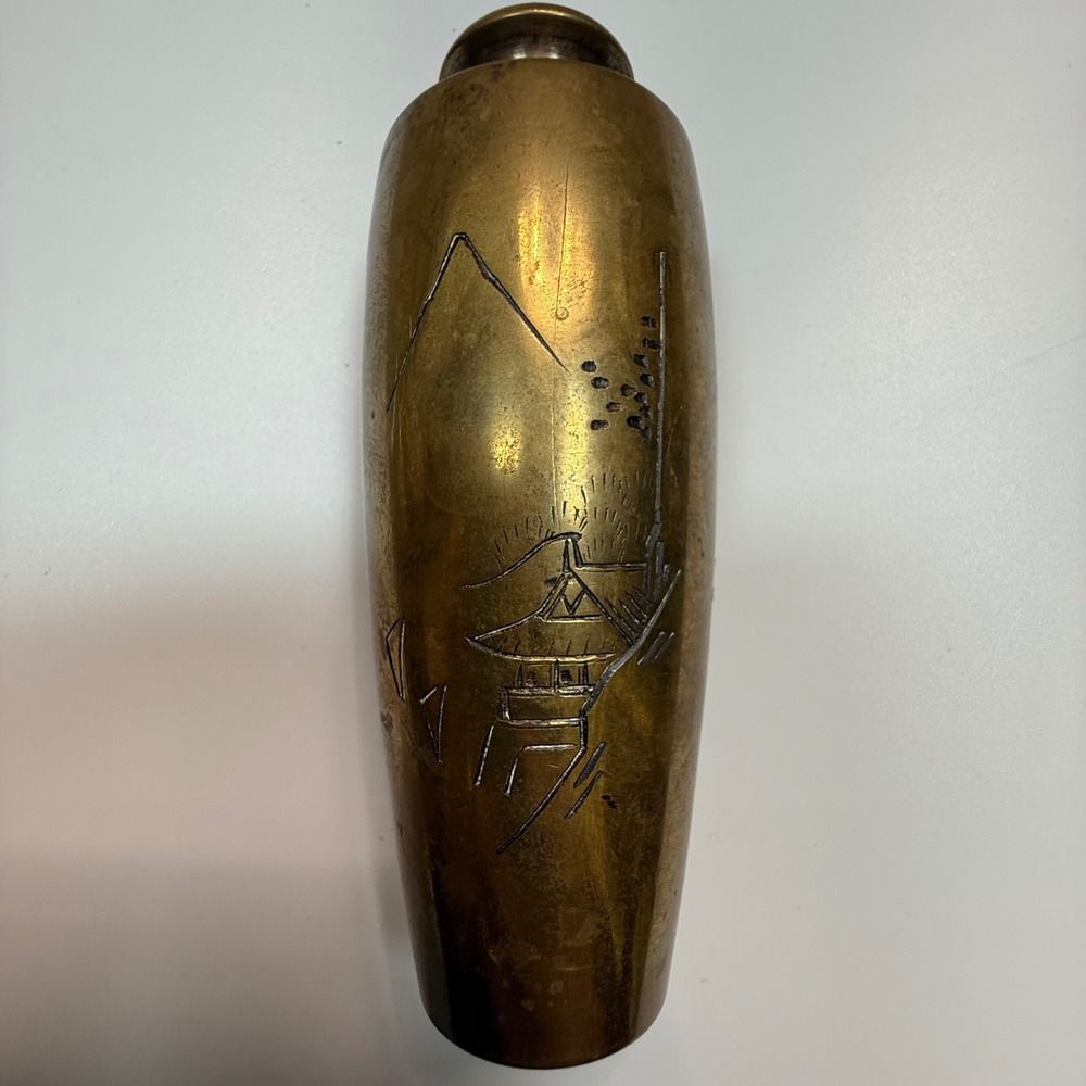 Vintage Brass Bud Vase Etched Pagoda Mount Fuji Asian‎ Home Decor